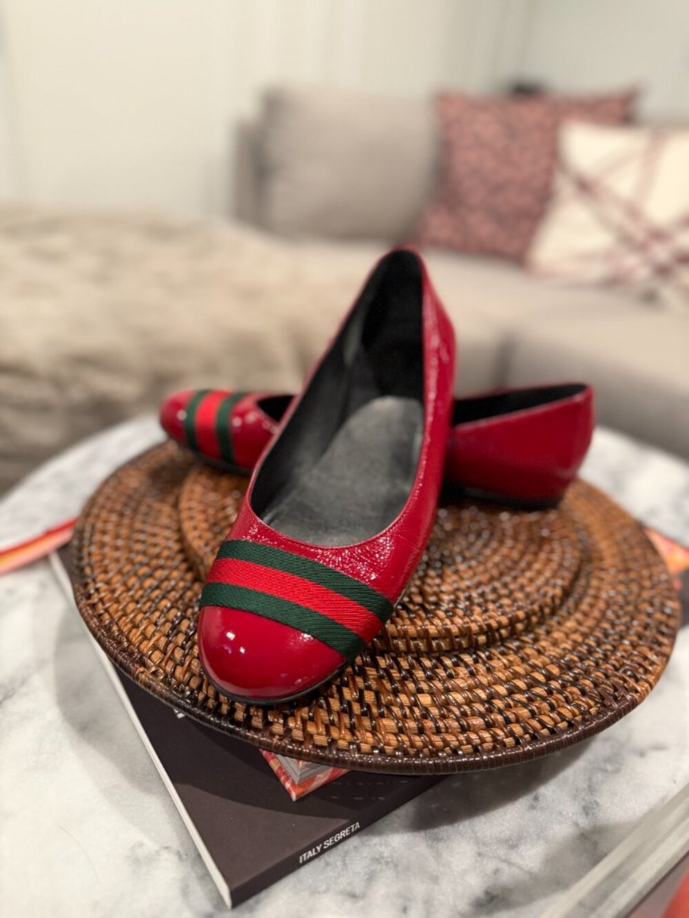 Gucci Red Patent Leather Web Stripe Ballet Flats with Box US 7.5-8